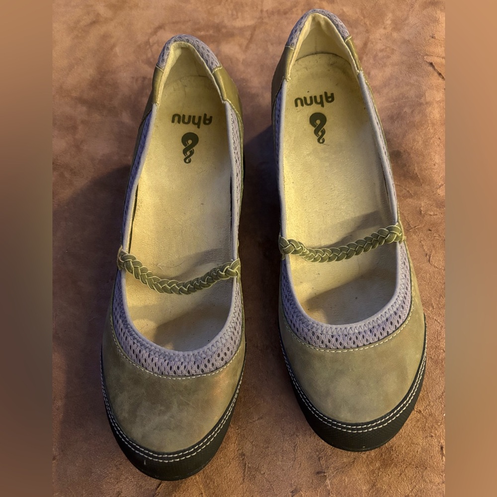 Ahnu Olive Green and Light Purple Braided Mary Jane Flats